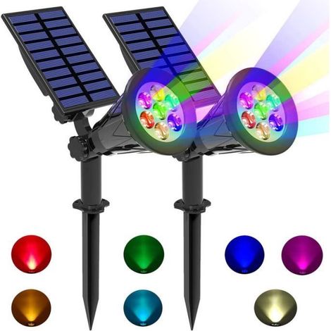 Spot Solaire Extérieur,YANSION 2pcs Projecteur solaire 7 LED colorées ,Étanche Extérieur Lampe Jardin, Éclairage pour chemins (1/4)