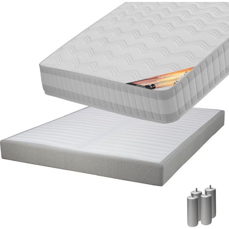 TAHITI - Pack Matelas 140x190 + Sommier Tapissier Démontable 2x20 Lattes Lin + Pieds Argent 15cm (1/5)