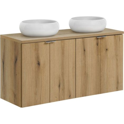 Conjunto VANO acabado roble 120cm: muebles bajo lavabo con armarios + encimera para lavabo + lavabos sobre encimera redondos blancos