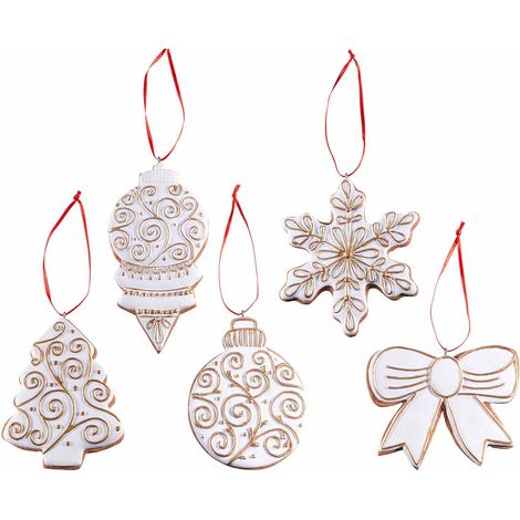 Addobbi natalizi in pasta di resina bianca da appendere ad albero, fiocco, pallina e stella, set da 10 pezzi, cm 6,5 x 12 H