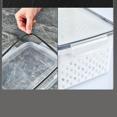 Contenant alimentaire transparent à double paroi, multifonctionnel et hermétique, pour fruits et légumes, conçu pour l'égouttage et la conservation des aliments. (1/5)
