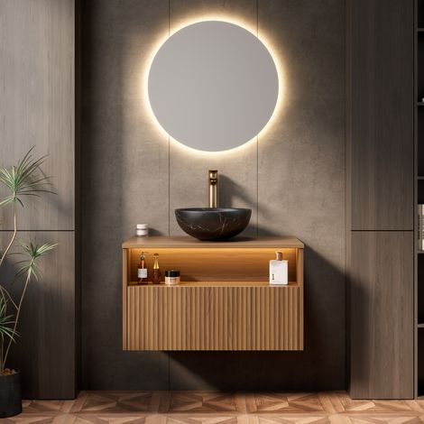 Mobile lavabo sospeso minimalista 80 cm con lavabo in ceramica nero, 1 cassetto e ripiano aperto, rovere marrone (1/5)