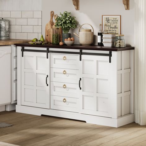 150 x 40 x 85 cm Sideboard mit Stauraum, Schiebetüren und vier Schubladen. Sideboard im Landhausstil im Vintage-Look mit verstellbaren Einlegeböden. Geeignet für Küchen, Esszimmer und Wohnzimmer.