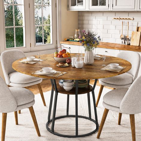 Table à manger ronde 120×120×75 cm - Plateau en MDF - Cadre en fer avec étagère de rangement et pieds ajustables - Style industriel vintage - pour 4 à 6 convives - Naturelle (1/5)