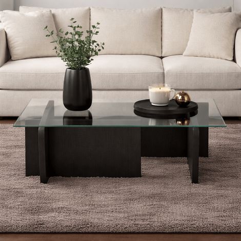 Couchtisch Schwarzes Holz, Melamin, Glas, Opal, 105 x 65 x 30 cm