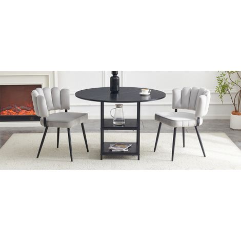 Ensemble de salle à manger : table ronde de 107 cm de diamètre (avec espace de rangement à deux niveaux) + 2 chaises gris clair (dossiers en tissu en forme de pétale) – style industriel, idéal pour le (1/5)