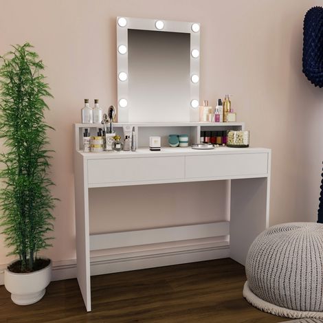 Toeletta Tavolino Da Trucco Tavolo Con 9 Luci LED Con Luminosità Regolabile Specchio Verticale 2 Cassetti 3 Scomparti A Giorno Postazione Make Up In Legno Design Moderno 40 x 100 x 145 Cm Bianco (1/5)
