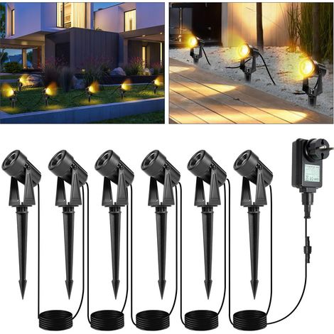 SWANEW Confezione da 6 faretti da picchetto per esterni. Faretto da giardino a LED con zoccolo COB IP65 bianco caldo (1/5)