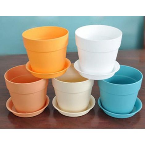 Pot Plante - Résine Plastique - Diamètre Supérieur 9,5 cm Hauteur 9 cm - Pour Plantes Grasses et Cactus - Avec Soucoupe - Lot de 5 (1/5)