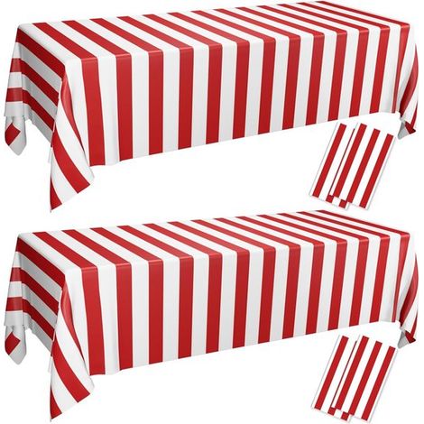 Set mit 4 Partytischdecken mit rot-weiß gestreiftem Muster (137 x 274 cm) – Fleckenabweisend, wiederverwendbar, für Karneval, Jahrmarkt und Picknicks (1/5)