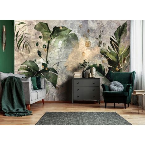 Vlies Fototapete Blätter 150x105 cm, Tapeten, für Wohn und Schlafzimmer, Vliestapete Wandtapete Tapete 3D Effekt- inkl. Kleister - tropisch botanisch Beton Natur, WallArena (1/4)