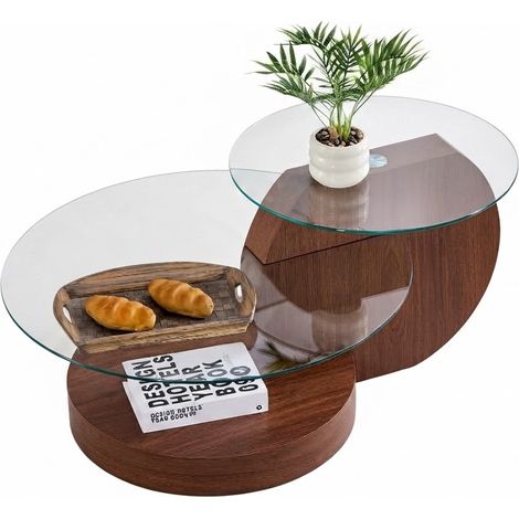 ELVMI Table Basse Gigogne à 2 Niveaux avec Plateau en Verre Trempé et Rangement Ouvert, en MDF, Noyer (1/5)