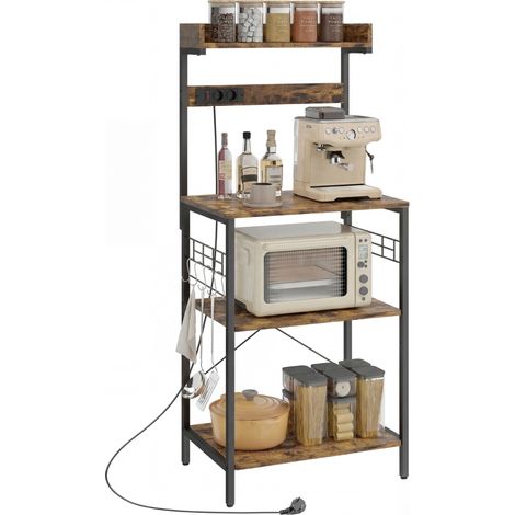 Estantería de Cocina con 2 Tomacorrientes Estante para Microondas Estante Ajustable Ganchos 60x42x137 cm Marrón Rústico (1/5)