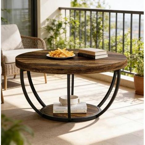 Table basse ronde à 2 niveaux en bois et métal, finition rustique, 80,5 cm (1/5)