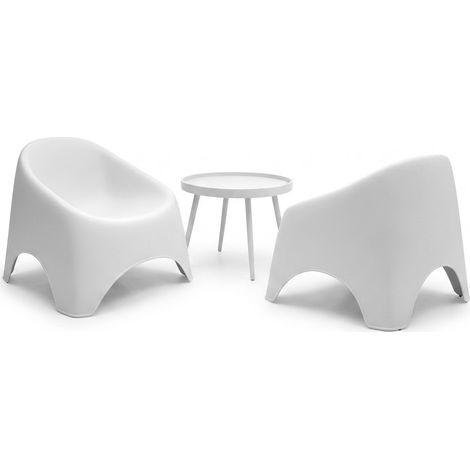 Salotto da giardino Moderno bianco 3 Pezzi con 2 Poltrone Monoblocco Ergonomiche e Tavolino Circolare in Polipropilene Resistente UV Arredo Outdoor Design per Terrazzo hotel Bar particolare elegante.