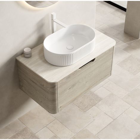 Meuble vasque suspendu 80x46x49 cm céramique beige, tiroir pratique – MEUBLIV (1/5)