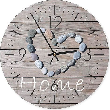 Horloge Murale en Bois avec Cœur de Galets pour la Maison - 60 x 60 cm