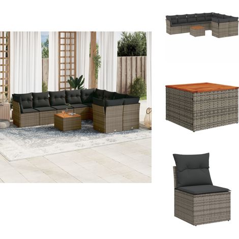 10-tlg. Garten-Sofagarnitur mit Kissen Grau Poly Rattan - Gartenmöbel Set - PE-Rattan Möbel - Outdoor Sofa - Esstisch - Lounge Set (1/5)