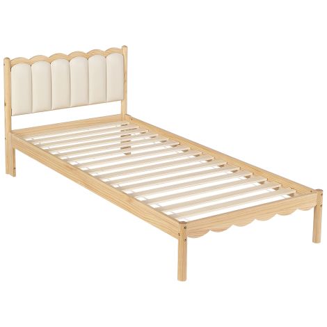 Lit Enfant Simple en Pin Naturel Matelas 90×200cm, Tête de Lit Rembourrée Anti-Choc Crème, Lattes Respirantes, Lit pour Chambre d'Enfant