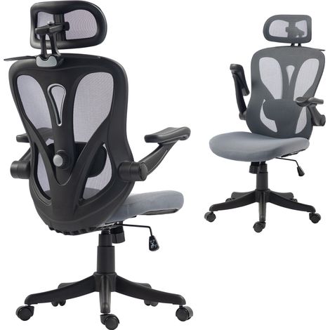 Chaise Bureau Ergonomique avec Accoudoirs 3D et Appui-Tête Réglable, Fauteuil de Bureau en Maille, Gris (1/5)