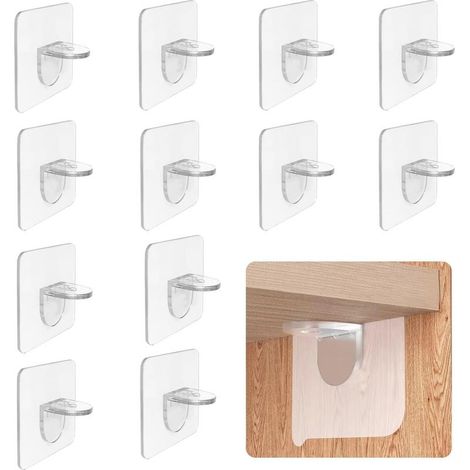Pack of 12 shelf support pegs, transparent shelf support brackets, self-adhesive L-shaped shelf support with hole for furniture, bookcase, cupboard shelf (6 x 6 cm) (1/5)
