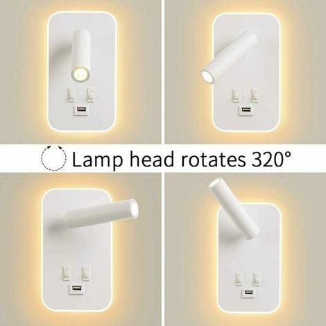 Applique murale LED, liseuse de chevet avec interrupteur, port de charge USB, réglable (lumière naturelle 3 W + lumière chaude 10 W) Blanc (SKU produit : 93626842 SKU Offre : 1025LIU17) (1/3)