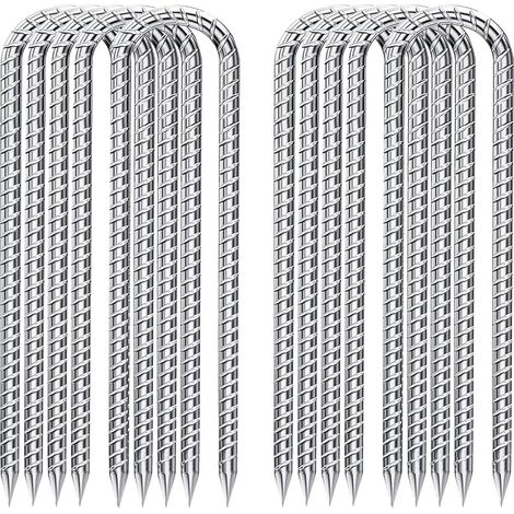 Lot de 10 piquets d'ancrage au sol de 30 cm, en acier galvanisé pour trampoline, barre d'armature, piquets de jardin, tente de camping (argent U, 10 pièces) (1/5)