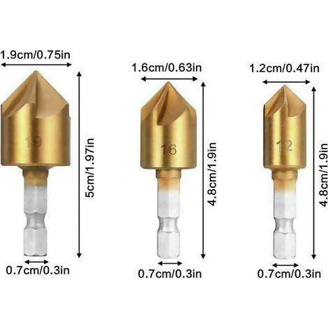 Set de 3 Fraises d'Ébavurage pour Bois 12-19 mm, Outil de Chanfreinage à 5 Arêtes 90°, Revêtement Titane, Queue Hexagonale, Accessoires de Menuiserie et Bricolage-lsw