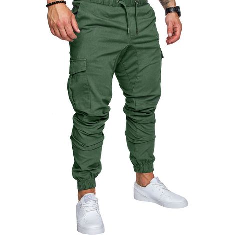 [RM]Pantalon homme à poches, coupe décontractée, cordon de serrage élastique, long, vert ZX - XL (1/5)