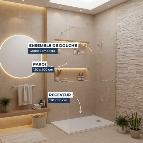 Dusch-Komplettset – Walk-In Duschwand 120x200 Chrom + Grohe Tempesta 3 Strahlarten + Gussmarmor-Duschwanne Weiß 120x90