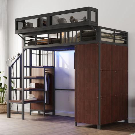 Lit mezzanine 90x200 cm noir en métal, armoire intégrée, échelle avec rangements, LED avec smartphone, étagères amovibles, barrières grillagées, sommier 24 lattes inclus (1/5)