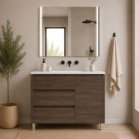 Meuble de salle de bain avec 3 tiroirs, porte et vasque ORIGENBATH VOLUM sans miroir 90x40 cm frêne tea