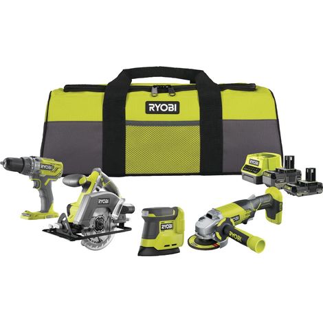 Kit 4 outils 18V : Perceuse percussion, Meuleuse, Ponceuse triangulaire, Scie circulaire - livré avec 1 batterie 4Ah, 1 batterie 2Ah, un chargeur, et 1 grand sac (1/5)