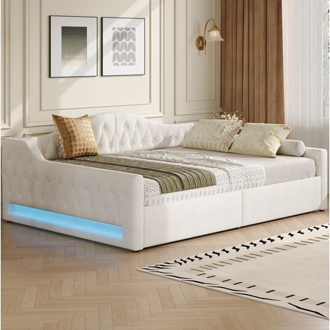 Lit coffre 140x200 avec LED et rangement - Beige HAVRYA (1/5)