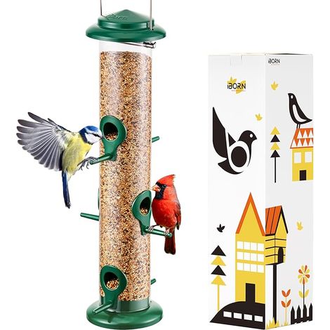 Mangeoires à oiseaux en métal à 6 ports à suspendre pour mélanges de graines, mangeoire à graines, cœur de tournesol, bain d'oiseaux, finition verte en métal, 38,1 cm, 6 ports (1/5)