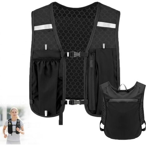 Gilet de Course Sac Hydratation Running Homme et Femme Veste d'Hydratation avec Support Téléphone et Bandes Réfléchissantes pour Trail Cyclisme Randonnée Marche Nordique - Noir (1/5)