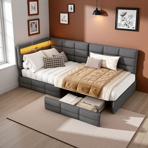 Lit Kinder 90x200 cm, Gepolstertes Bett, Einzelbett 90x200 cm mit LED-Beleuchtung, Schlafsofa mit 2 Schubladen und Lattenrost, Grau