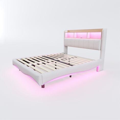 Letto imbottito 140 x 200 cm beige con LED, porte USB e Type C, design flottante MODENUIT (1/5)