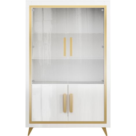 JEMMA - Vitrine 2 Portes Laquée Blanc et Décor Doré avec Leds