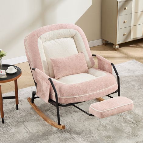 Fauteuil à bascule surdimensionné pour terrasse avec repose-pieds, poche latérale, coussin rembourré, dossier réglable, style ferme en bois, intérieur/extérieur, salon, chambre, balcon, fausse fourrur (1/5)