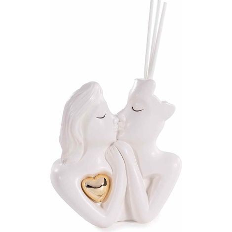 Volti di innamorati in porcellana con cuore dorato e stick per profumare, set da 4 pezzi, cm 11x6x12 H (con stick 18)