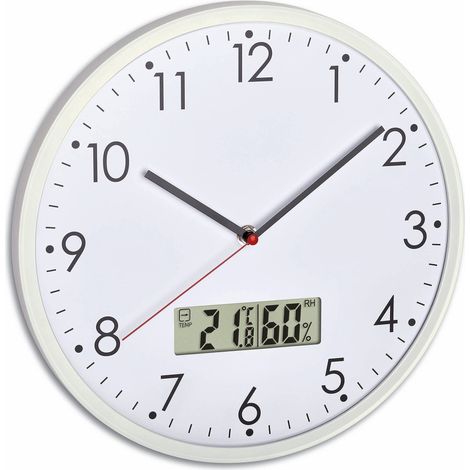 Horloge Murale analogique avec thermomètre et hygromètre numériques, 60.3048.02, pour Le contrôle du Climat intérieur, Verre, Blanc (1/4)