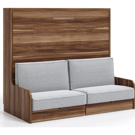 Lit escamotable horizontal 150x190 avec canapé Kalian-Coffrage Noyer-Façade Noyer-Canapé Vert moutarde (1/5)