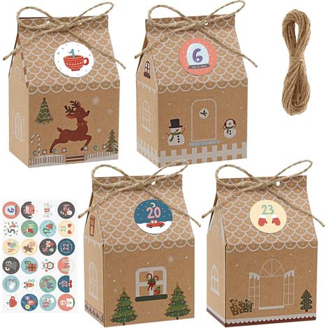Calendrier de l’Avent à remplir 24 cases avec 24 autocollants, boîtes cadeaux de Noël 7 x 5 x 10,5 cm pour bonbons, biscuits et petites surprises (1/5)