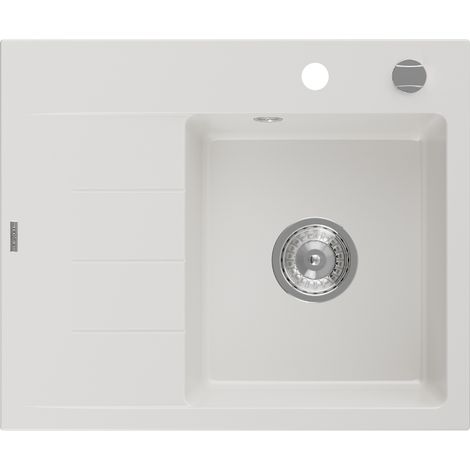 Mexen Ben évier de cuisine en granit à 1 bac avec égouttoir à droite 600 x 500 mm, blanc, siphon chrome - 6523605000-20 (1/5)