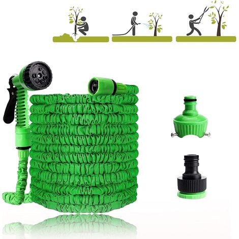 Tuyau d'arrosage flexible extensible avec 7 pulvérisations fonctionnelles, tuyau d'arrosage, fonctions pour l'arrosage du jardin, lavage de voiture, évier de maison, salle de bains (100FT/30 m) (1/5)