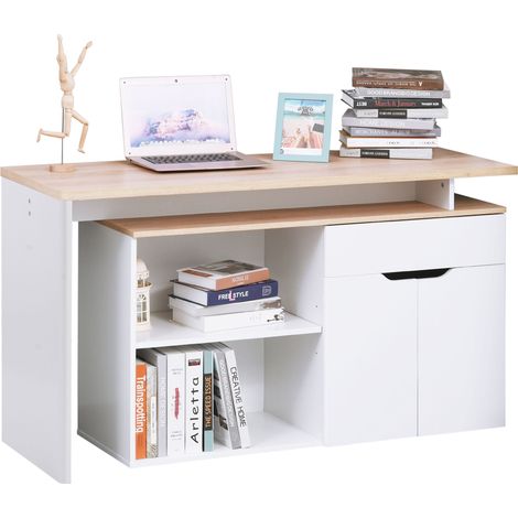 Eckschreibtisch mit 2-stufigem Regal, Schrank und Schublade, 140 x 117 x 76 cm, Holz und weiß