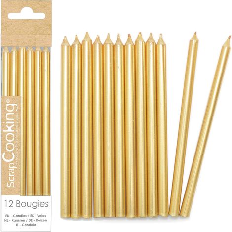 ScrapCooking - 12 Candele lunghe dorate - Candele d'oro per torta di compleanno - Decorazione per bambini adulto, in paraffina con picchi, accessorio per feste e pasticceria - 0348 (1/5)