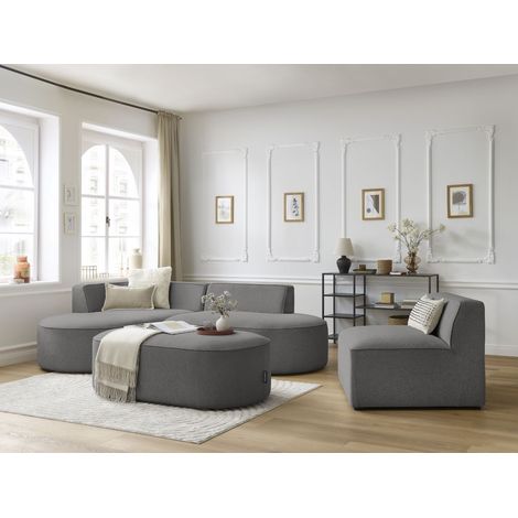 BOBOCHIC - Canapé d'angle fixe modulable ROUSSEAU tissu chiné avec 1 chauffeuse et 1 pouf Angle gauche Gris foncé (1/5)