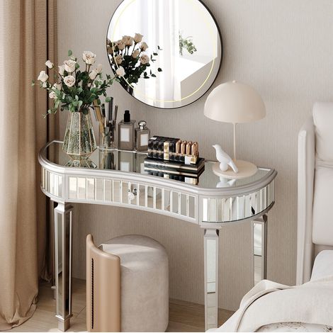 Table console demi-lune 120x38x78 cm gris et argent avec tiroir, MDF et verre, MEUBLIV (1/5)